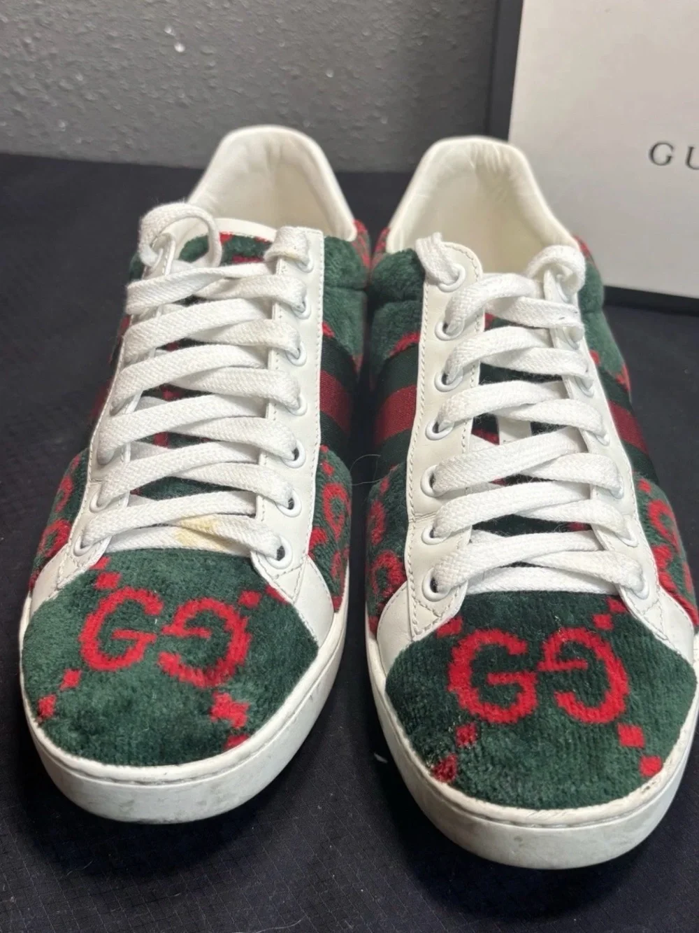 Size 7.5B- Gucci Ace GG Leather Velvet Logo Sneakers Lightly Worn/Retail $750!